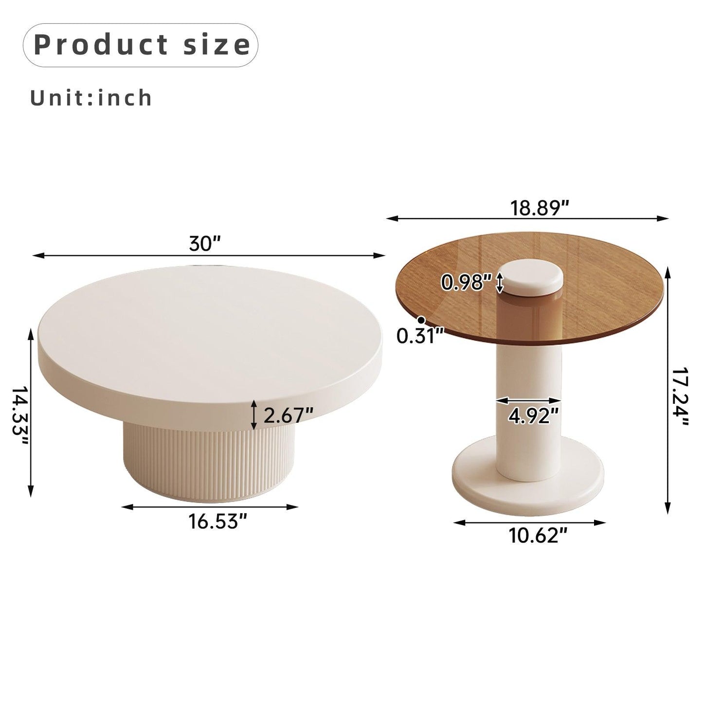Guyii Round Nested Coffee Table Set, Creamy White & Glass Side Table for Living Room