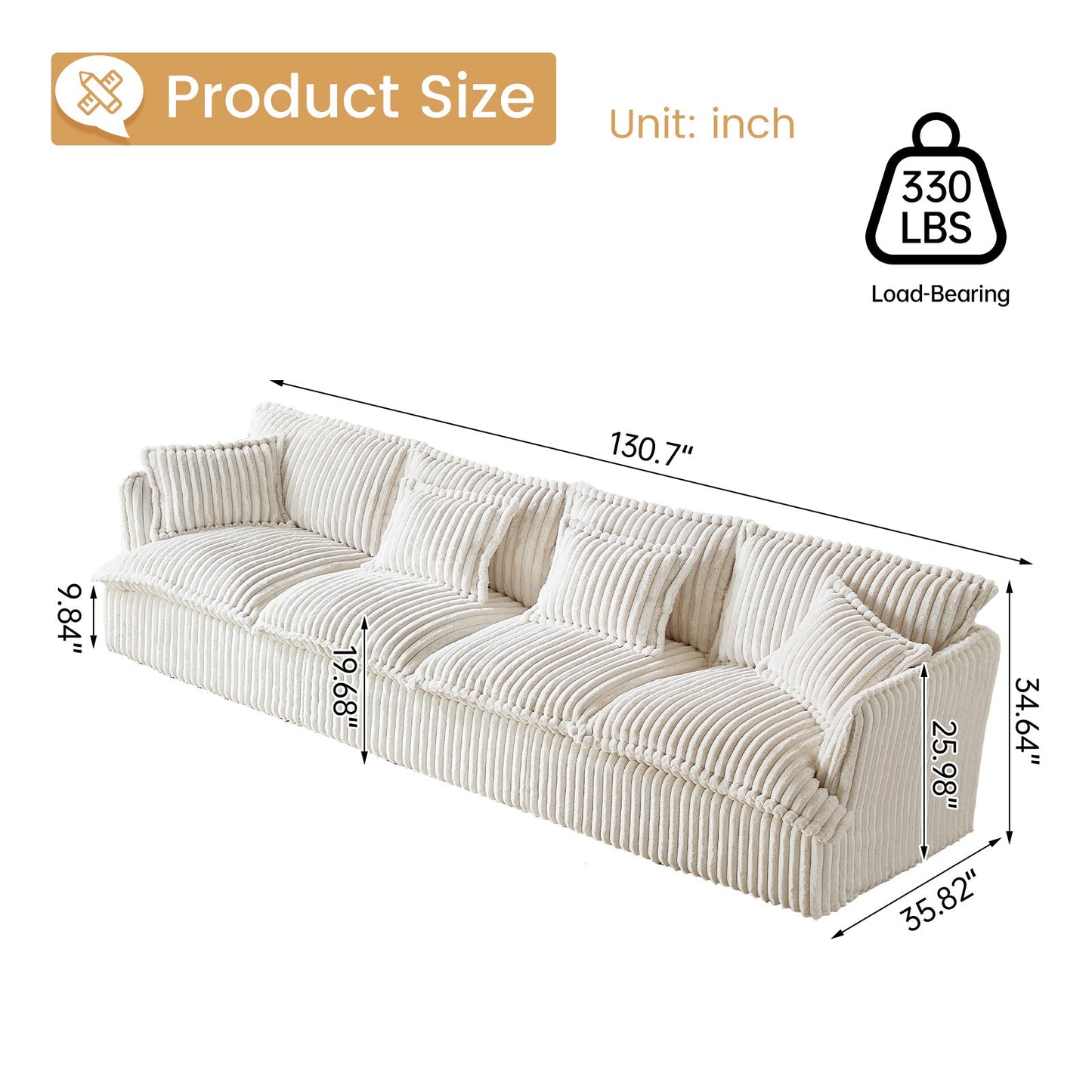 Guyii Oversized 4-Seater Sofa, Extra-Wide Convertible Sofa with 4 Pillows