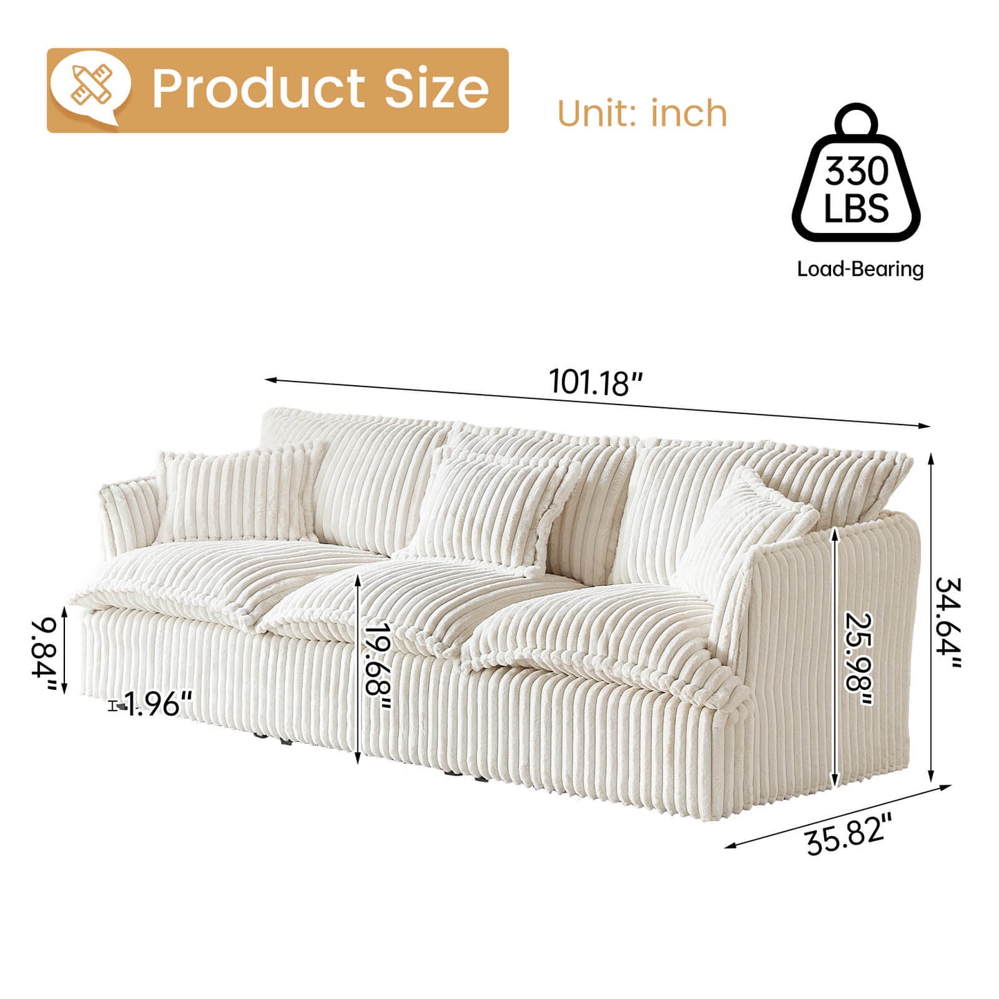 Guyii Oversized 3-Seater Sofa, Extra-Wide Convertible Sofa with 3 Pillows