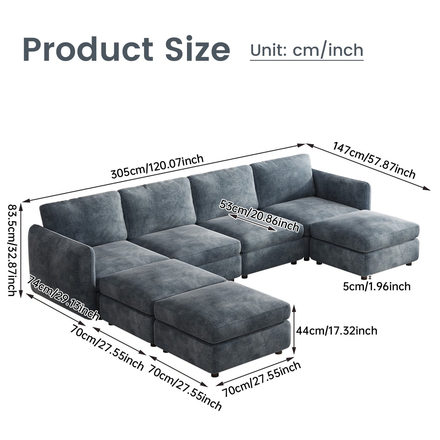 Guyii  Oversized U-Shaped Modular Sectional Sofa with Storage Ottomans, 5-9 Seater  Couch for Living Room, Blue Fabric, Easy Assembly
