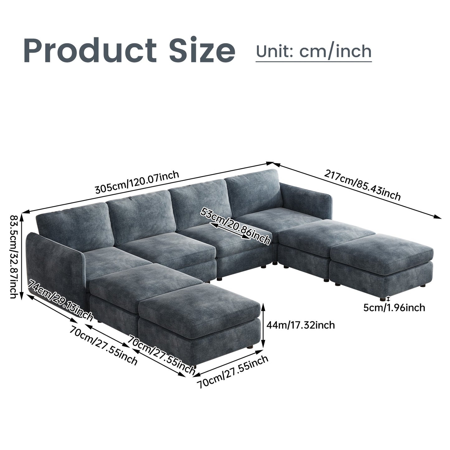 Guyii  Oversized U-Shaped Modular Sectional Sofa with Storage Ottomans, 5-9 Seater  Couch for Living Room, Blue Fabric, Easy Assembly