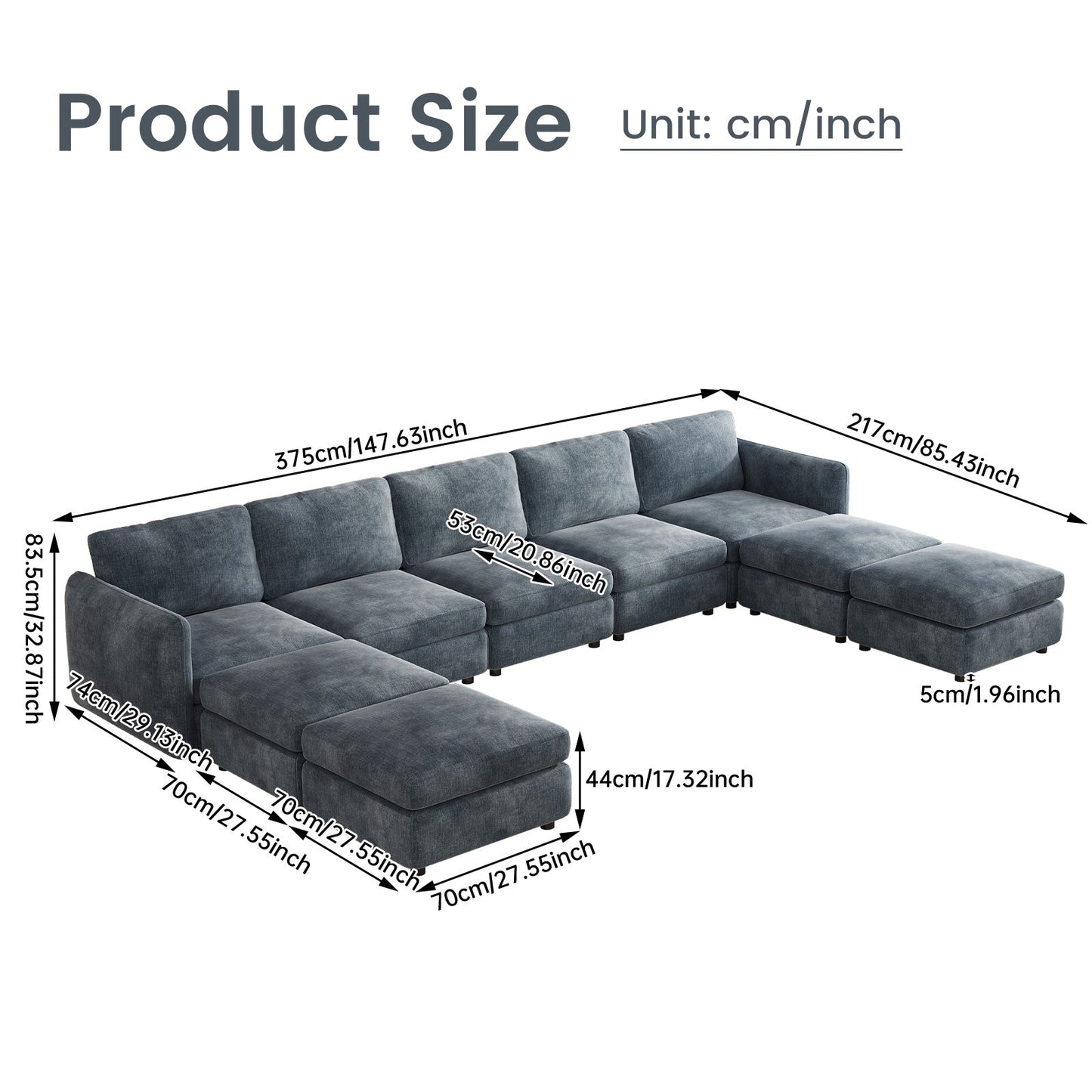 Guyii  Oversized U-Shaped Modular Sectional Sofa with Storage Ottomans, 5-9 Seater  Couch for Living Room, Blue Fabric, Easy Assembly