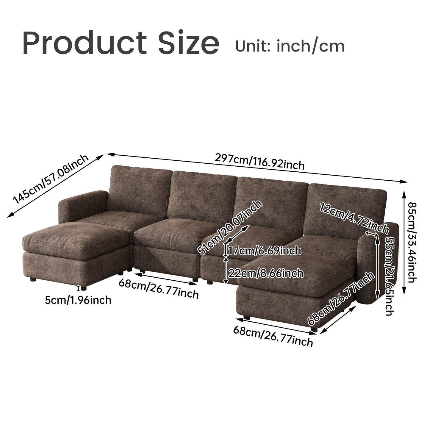 Guyii Oversized Modular Sectional Sofa, Dark Brown 4-9 Seater U-Shaped Convertible Couch with Storage Ottomans, Fabric, Easy Assembly
