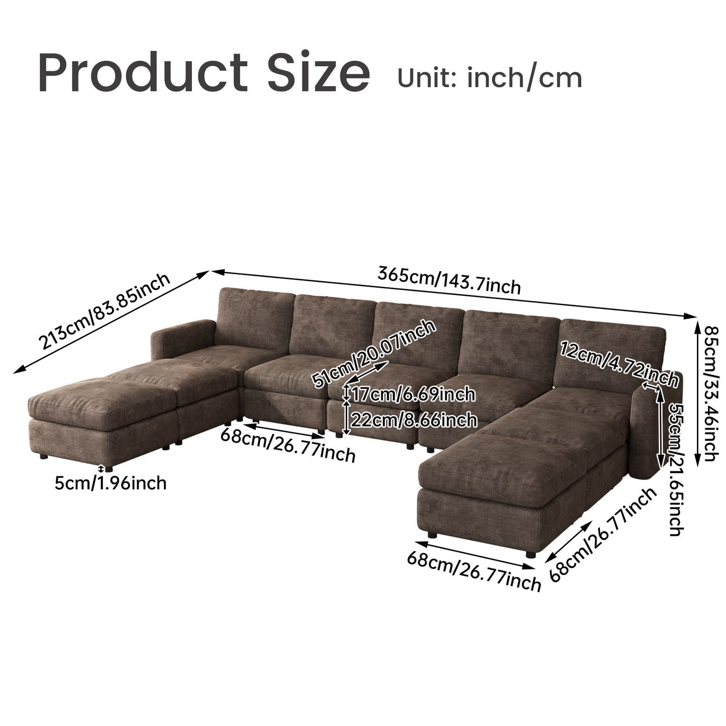 Guyii Oversized Modular Sectional Sofa, Dark Brown 4-9 Seater U-Shaped Convertible Couch with Storage Ottomans, Fabric, Easy Assembly