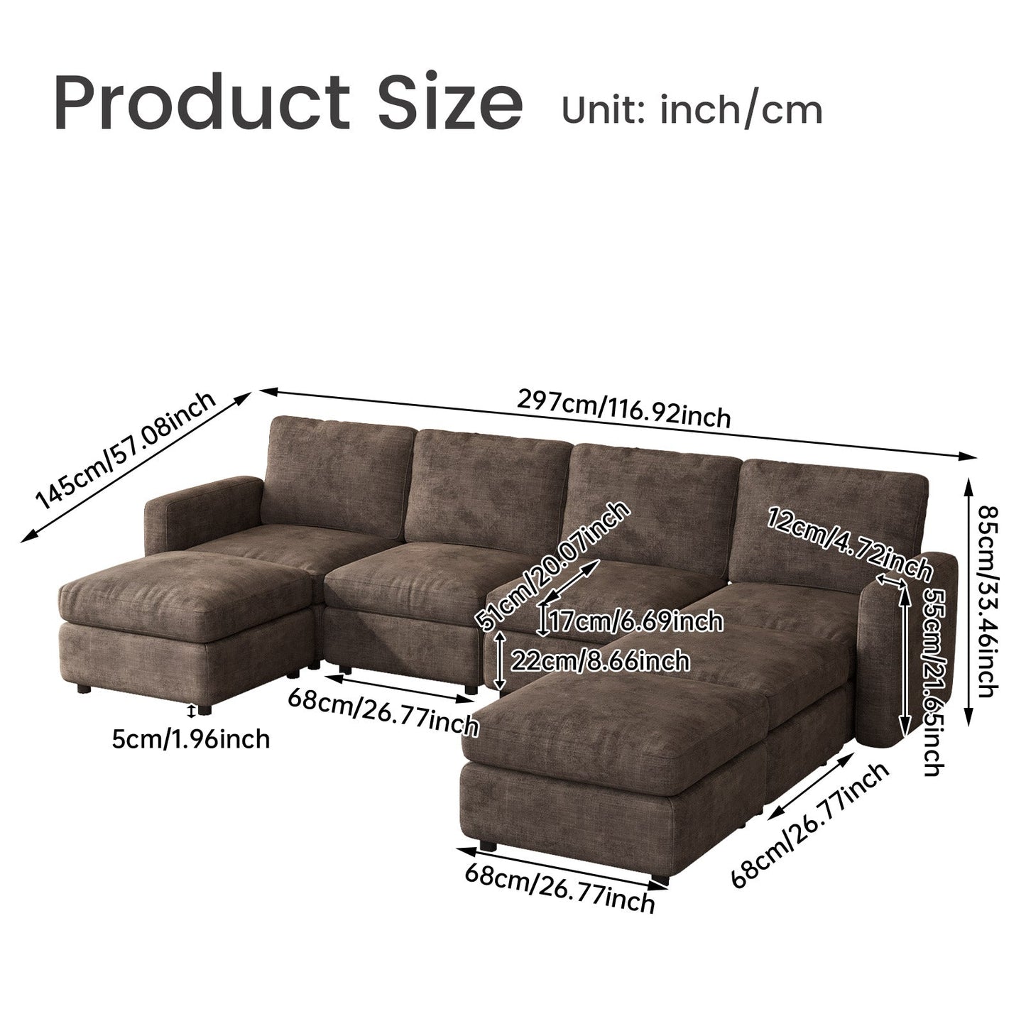Guyii Oversized Modular Sectional Sofa, Dark Brown 4-9 Seater U-Shaped Convertible Couch with Storage Ottomans, Fabric, Easy Assembly