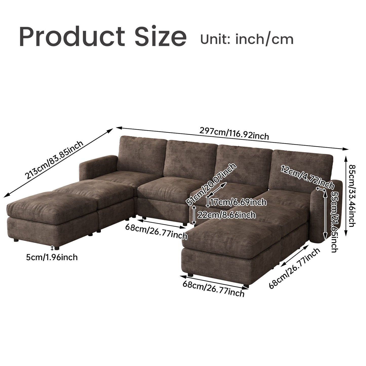 Guyii Oversized Modular Sectional Sofa, Dark Brown 4-9 Seater U-Shaped Convertible Couch with Storage Ottomans, Fabric, Easy Assembly