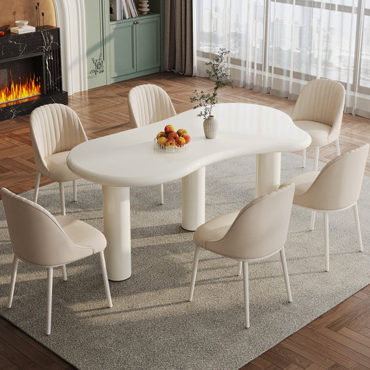 Guyii Modern Cream White Dining Table Set 62" Irregular with 6 Chairs for Kitchen