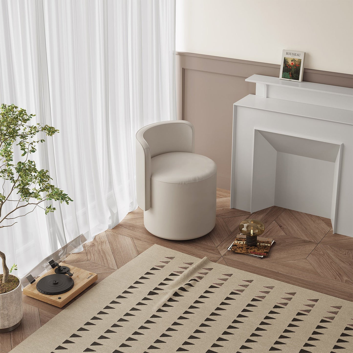 Guyii Cream White Rotating Ottoman Stool with Curved Backrest, Vanity Chair, Adjustable Makeup Pouf Seat for Living Room & Bedroom