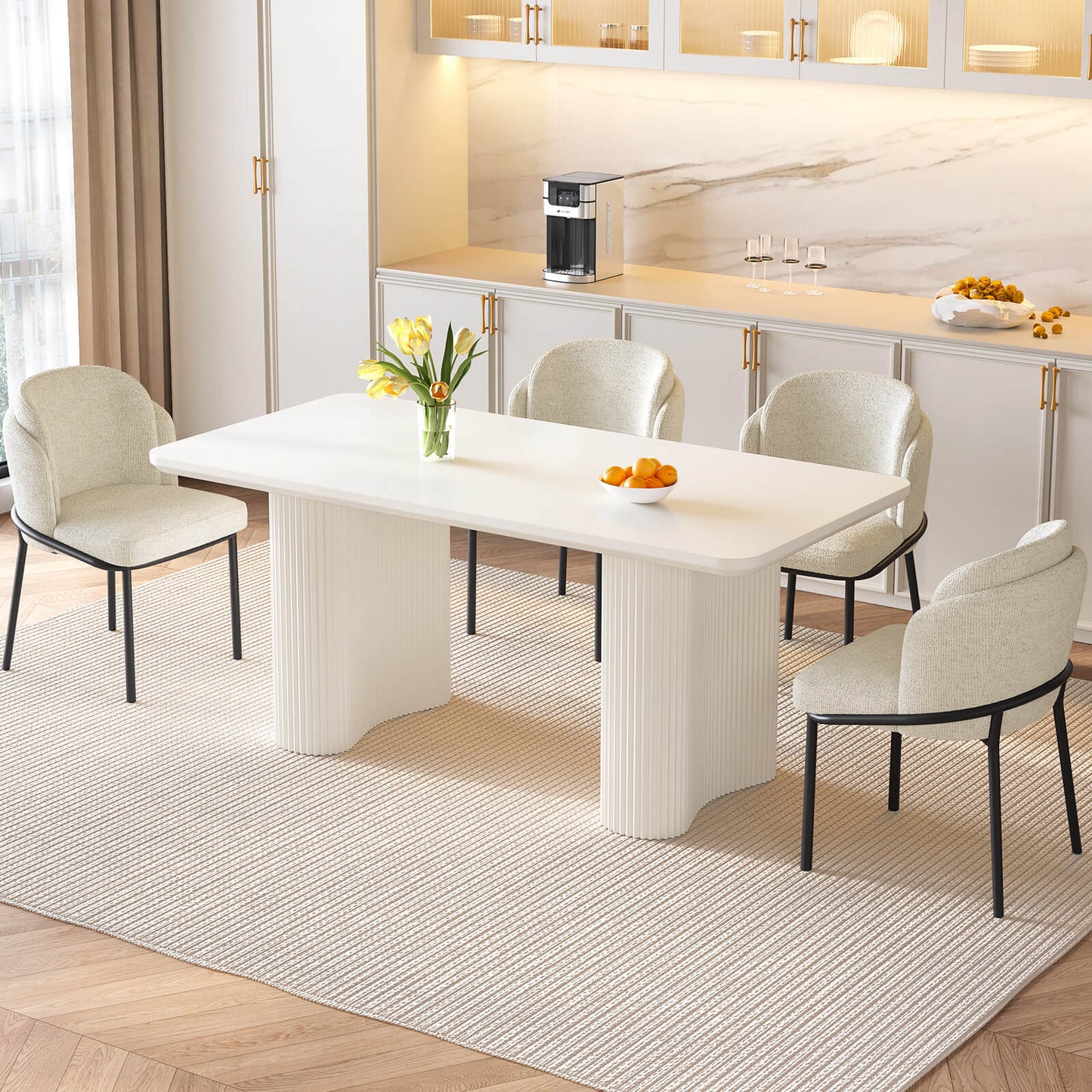 Guyii White Dining Table Set, Modern Rectangular Kitchen Table with 4-8 Chairs