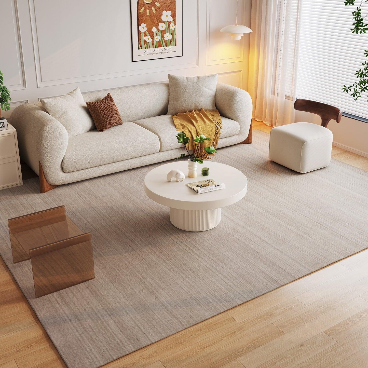 Guyii Round Nested Coffee Table Set, Creamy White & Glass Side Table for Living Room