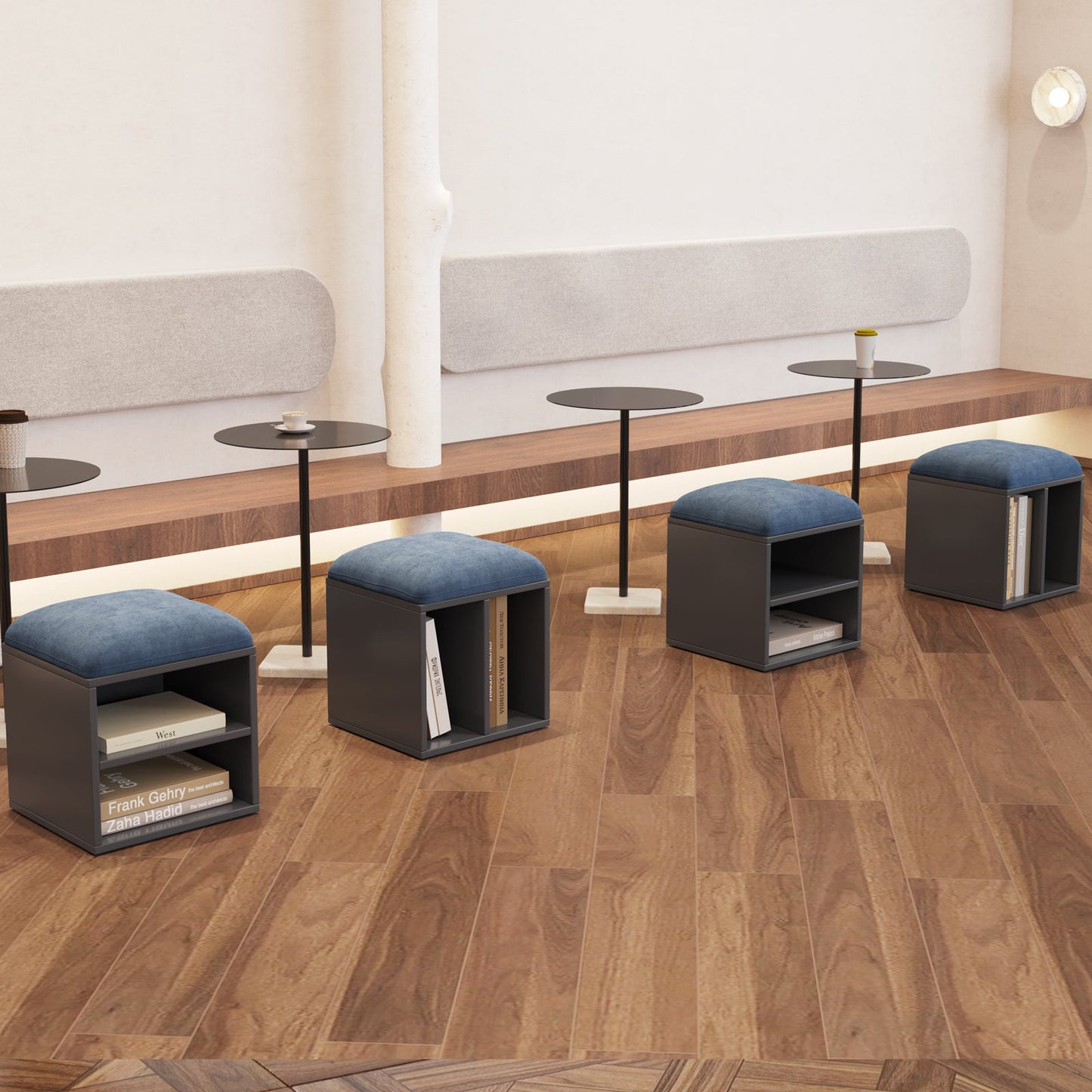 Guyii Velvet Shoe Stool with Padded Seat, Blue Entryway Stools with Storage, Multi-Functional Stool