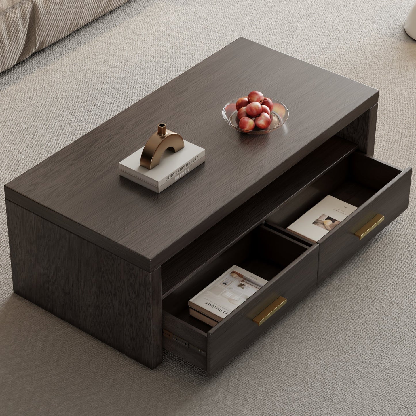 Guyii Walnut Brown Coffee Table with Storage, 47", 2 Drawers & Open Shelf
