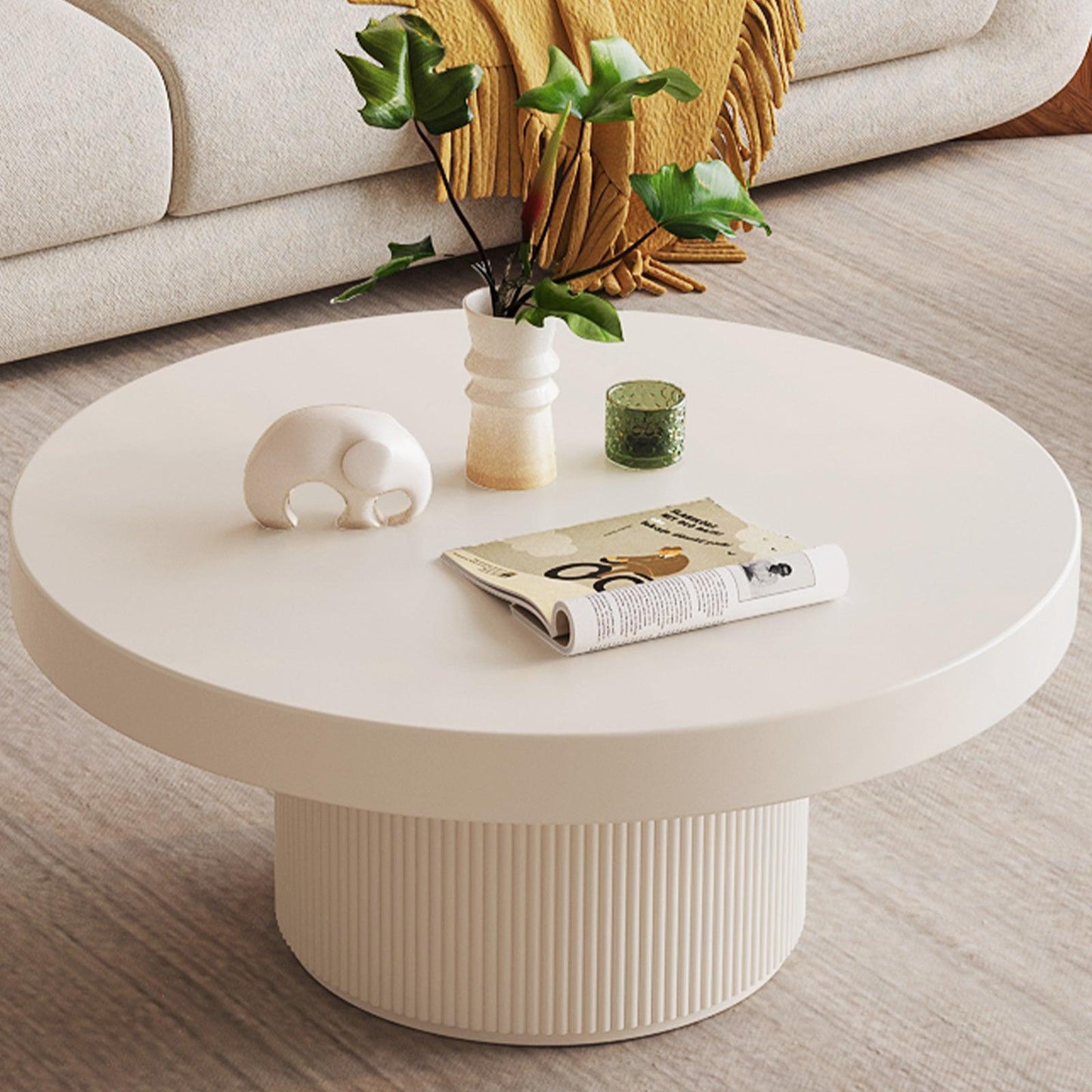 Guyii Round Nested Coffee Table Set, Creamy White & Glass Side Table for Living Room