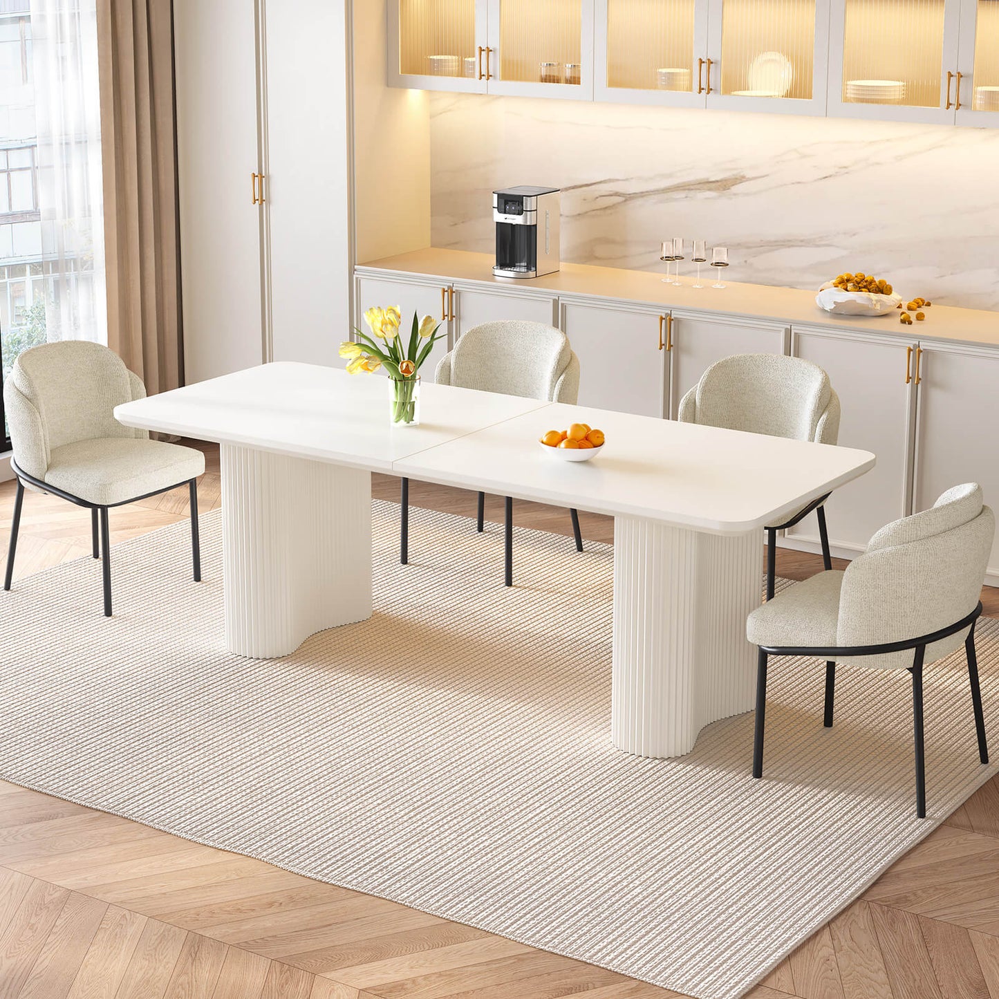 Guyii White Dining Table Set, Modern Rectangular Kitchen Table with 4-8 Chairs