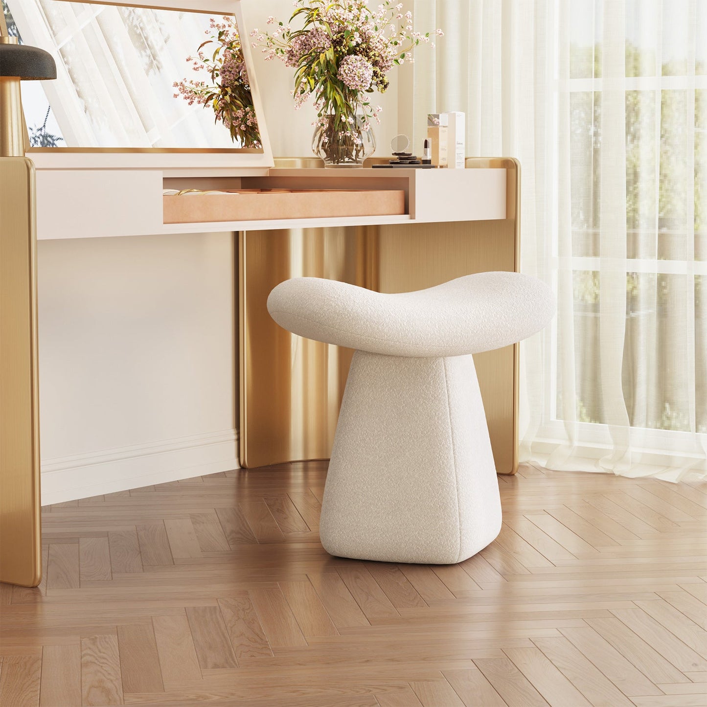 Guyii Boucle Curved Saddle Makeup Stool, Modern Footrest for Dressing Table, Entryway, Living Room