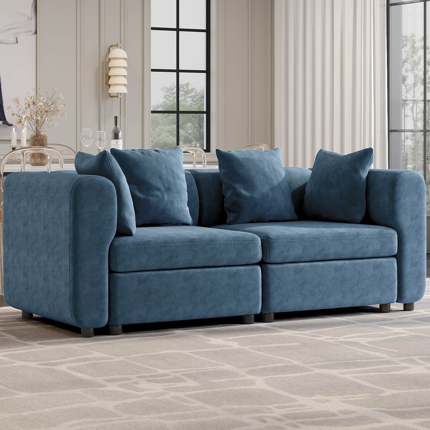 Guyii Blue Velvet Sectional Loveseat Sofa, Modern Oversized 2-Seat Couch with 2-Pillows