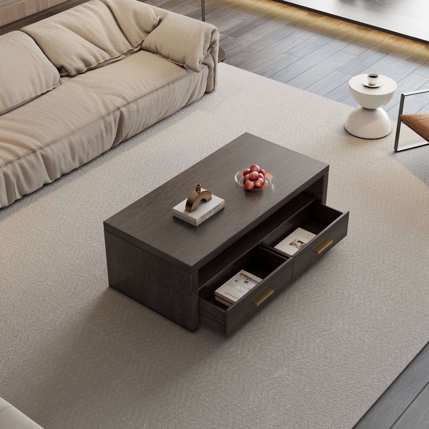 Guyii Walnut Brown Coffee Table with Storage, 47", 2 Drawers & Open Shelf
