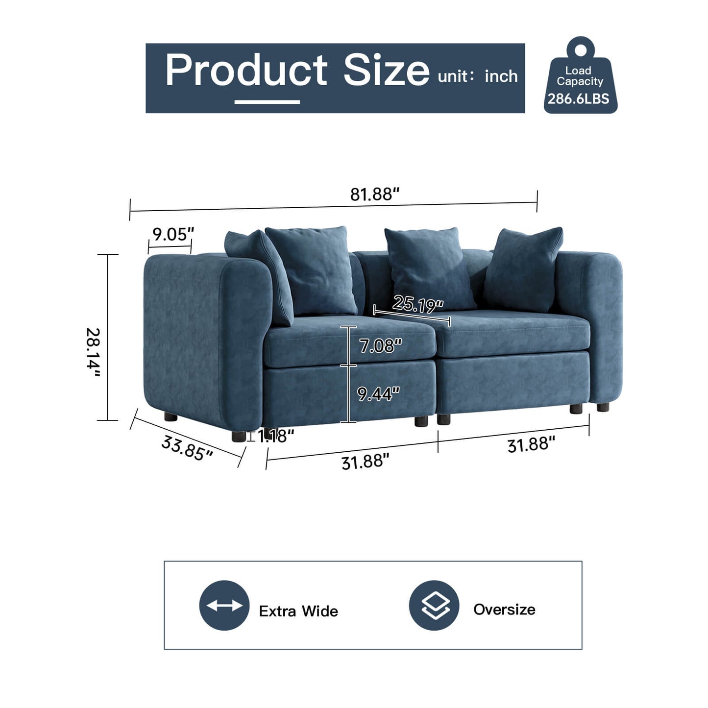 Guyii Blue Velvet Sectional Loveseat Sofa, Modern Oversized 2-Seat Couch with 2-Pillows