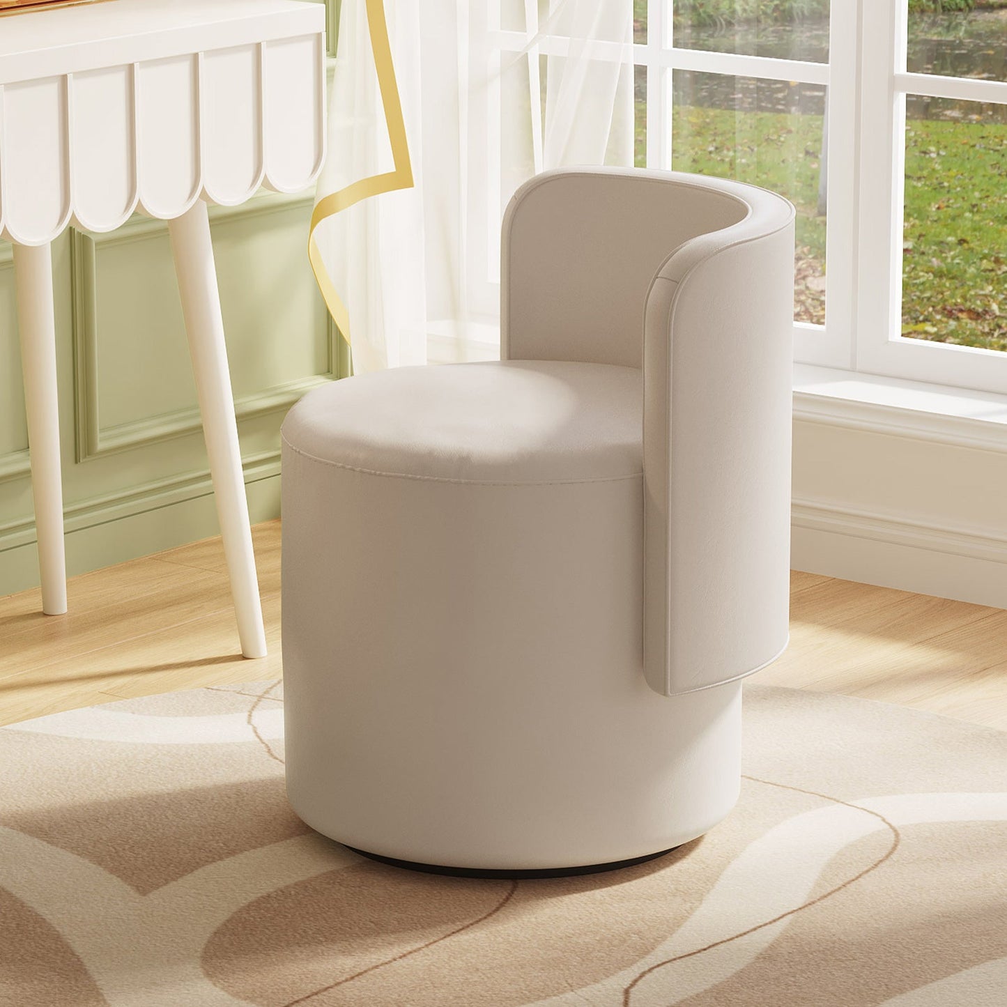 Guyii Cream White Rotating Ottoman Stool with Curved Backrest, Vanity Chair, Adjustable Makeup Pouf Seat for Living Room & Bedroom