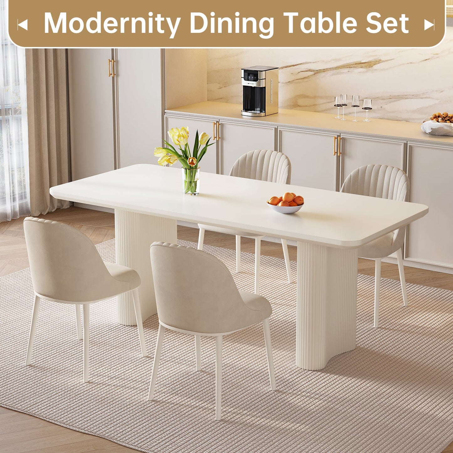 Guyii 78.97" White Rectangular Dining Table, Modern Kitchen Table