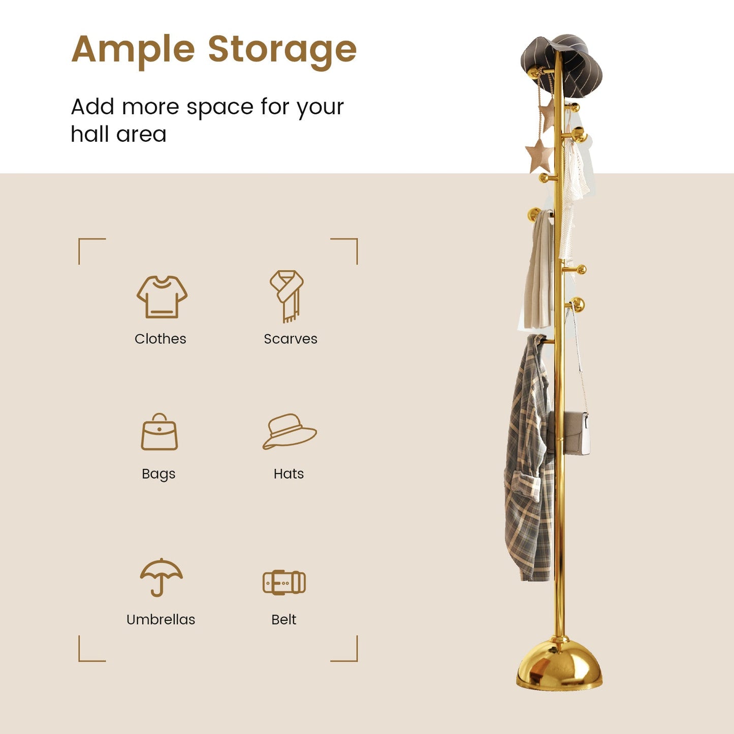 Guyii Gold Metal Coat or Hat Rack Stand Freestanding, with Metal Base