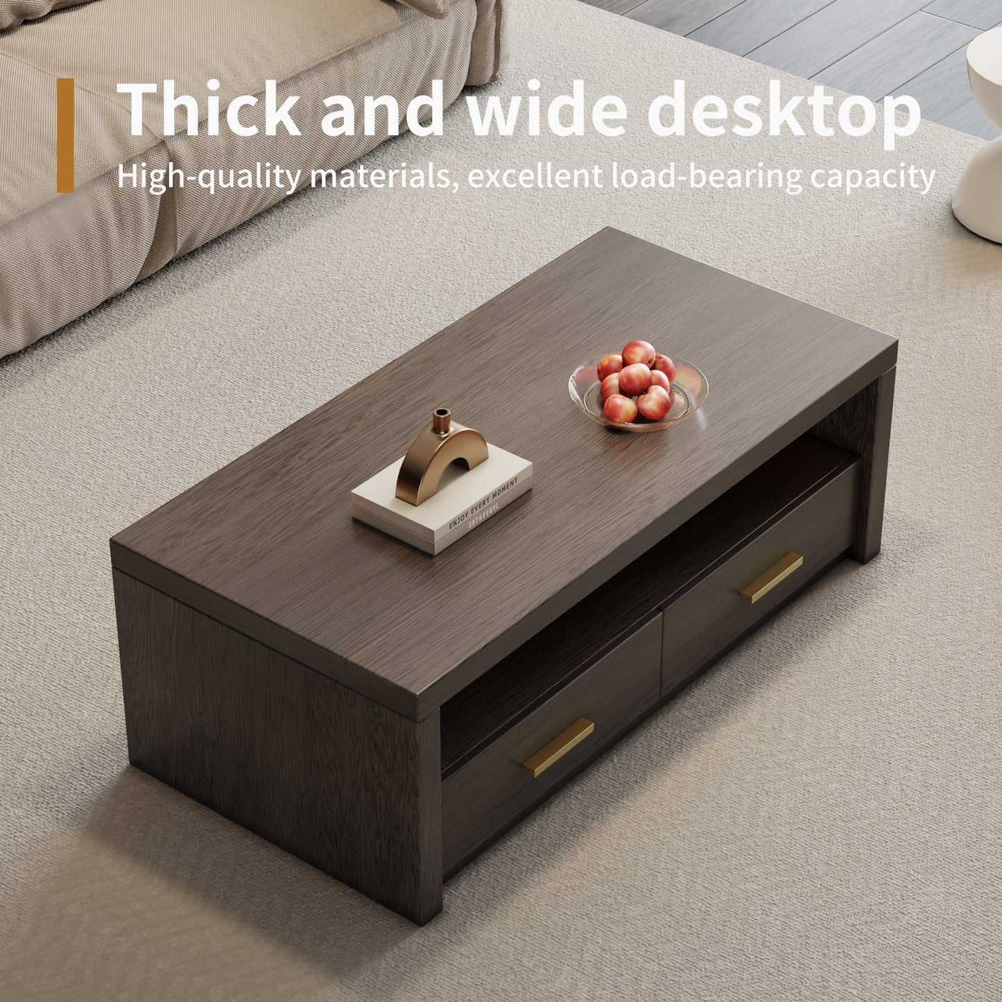 Guyii Walnut Brown Coffee Table with Storage, 47", 2 Drawers & Open Shelf