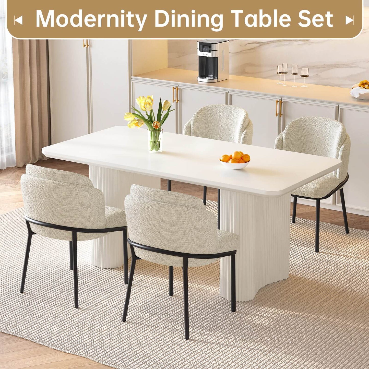 Guyii White Dining Table Set, Modern Rectangular Kitchen Table with 4-8 Chairs