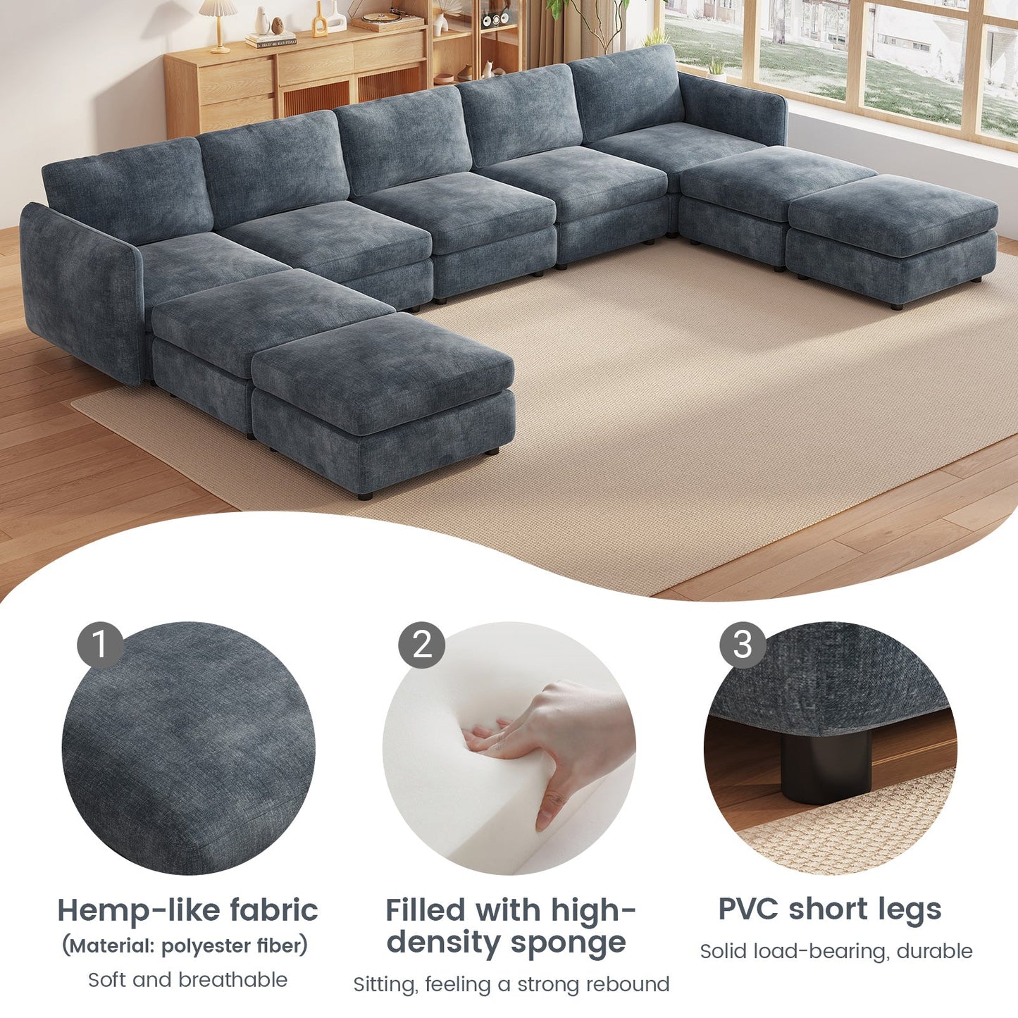 Guyii  Oversized U-Shaped Modular Sectional Sofa with Storage Ottomans, 5-9 Seater  Couch for Living Room, Blue Fabric, Easy Assembly