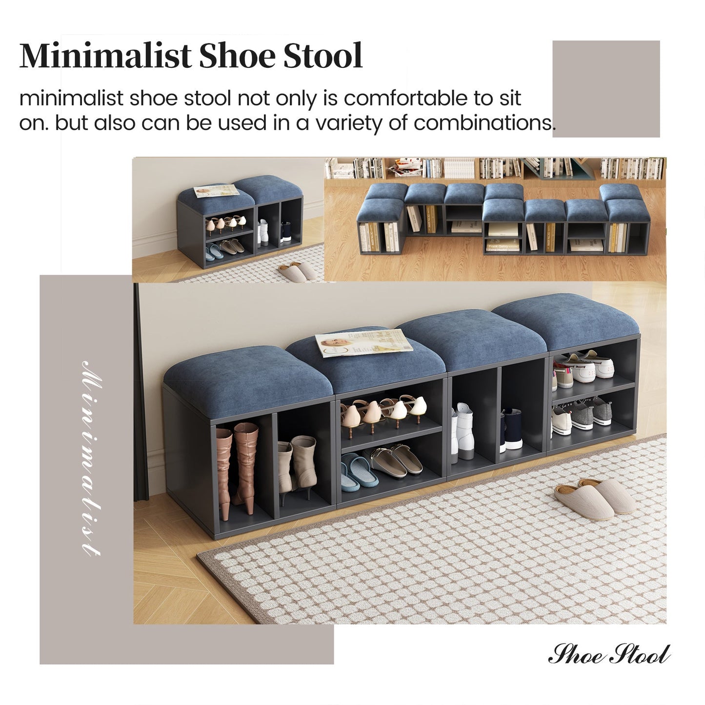 Guyii Velvet Shoe Stool with Padded Seat, Blue Entryway Stools with Storage, Multi-Functional Stool
