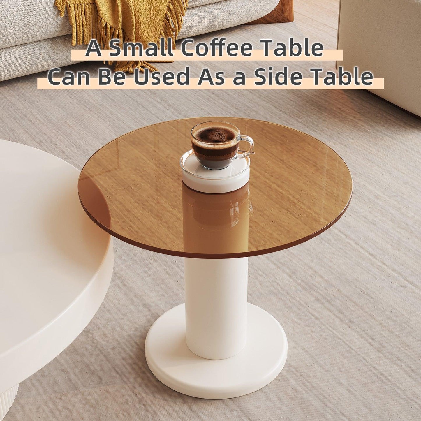 Guyii Round Nested Coffee Table Set, Creamy White & Glass Side Table for Living Room