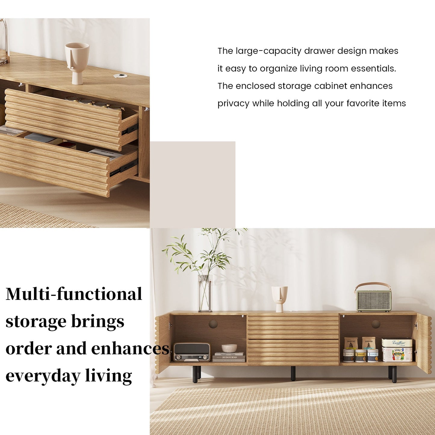 Guyii Modern TV Stand – Wood Color TV Cabinet with 2 Cabinets and 2 Storage Drawers for Living Room, Bedroom, and Home Entertainment