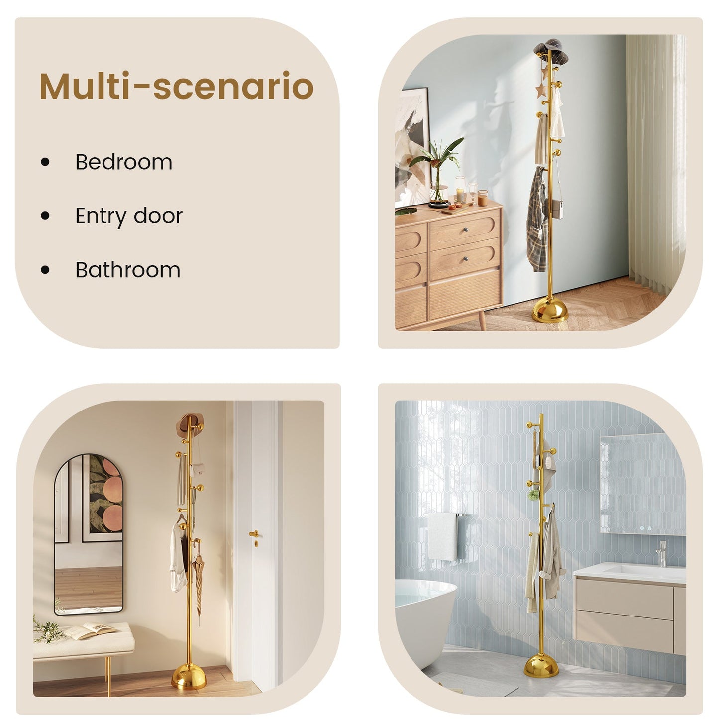 Guyii Gold Metal Coat or Hat Rack Stand Freestanding, with Metal Base