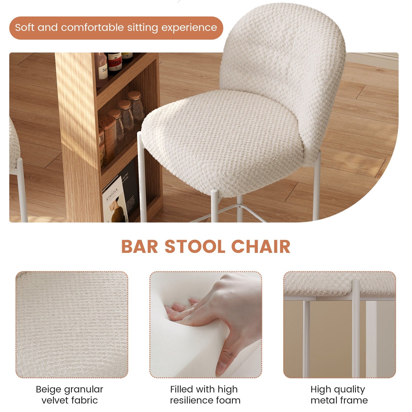 Guyii 2-Set Counter Height Bar Stools Set of 2, Upholstered Barstools with Backs and Metal Legs