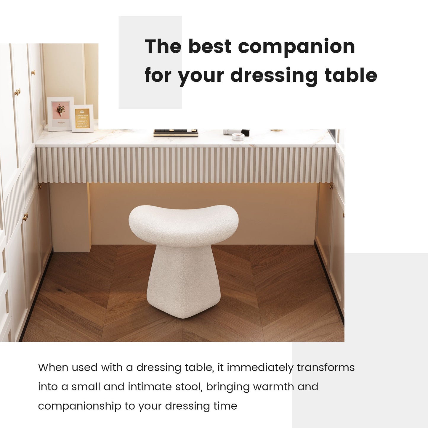 Guyii Boucle Curved Saddle Makeup Stool, Modern Footrest for Dressing Table, Entryway, Living Room