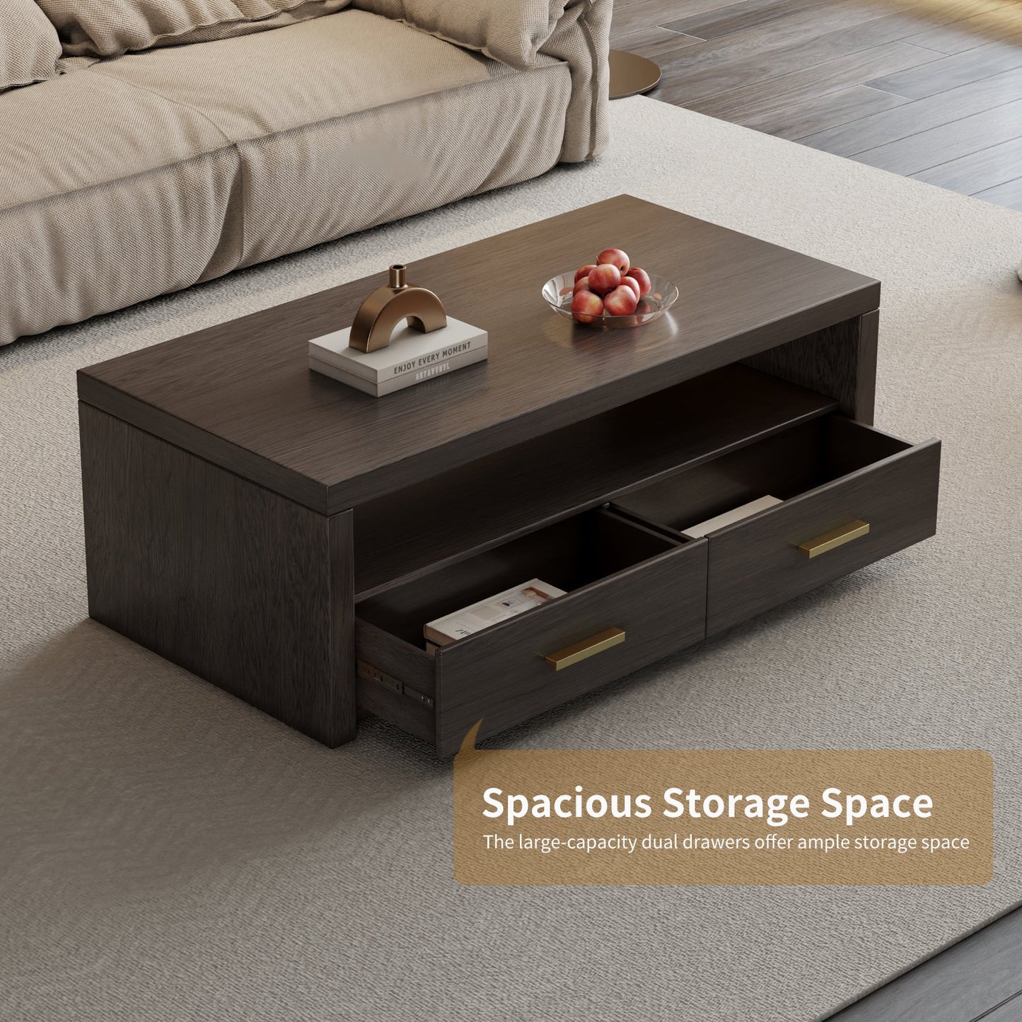 Guyii Walnut Brown Coffee Table with Storage, 47", 2 Drawers & Open Shelf