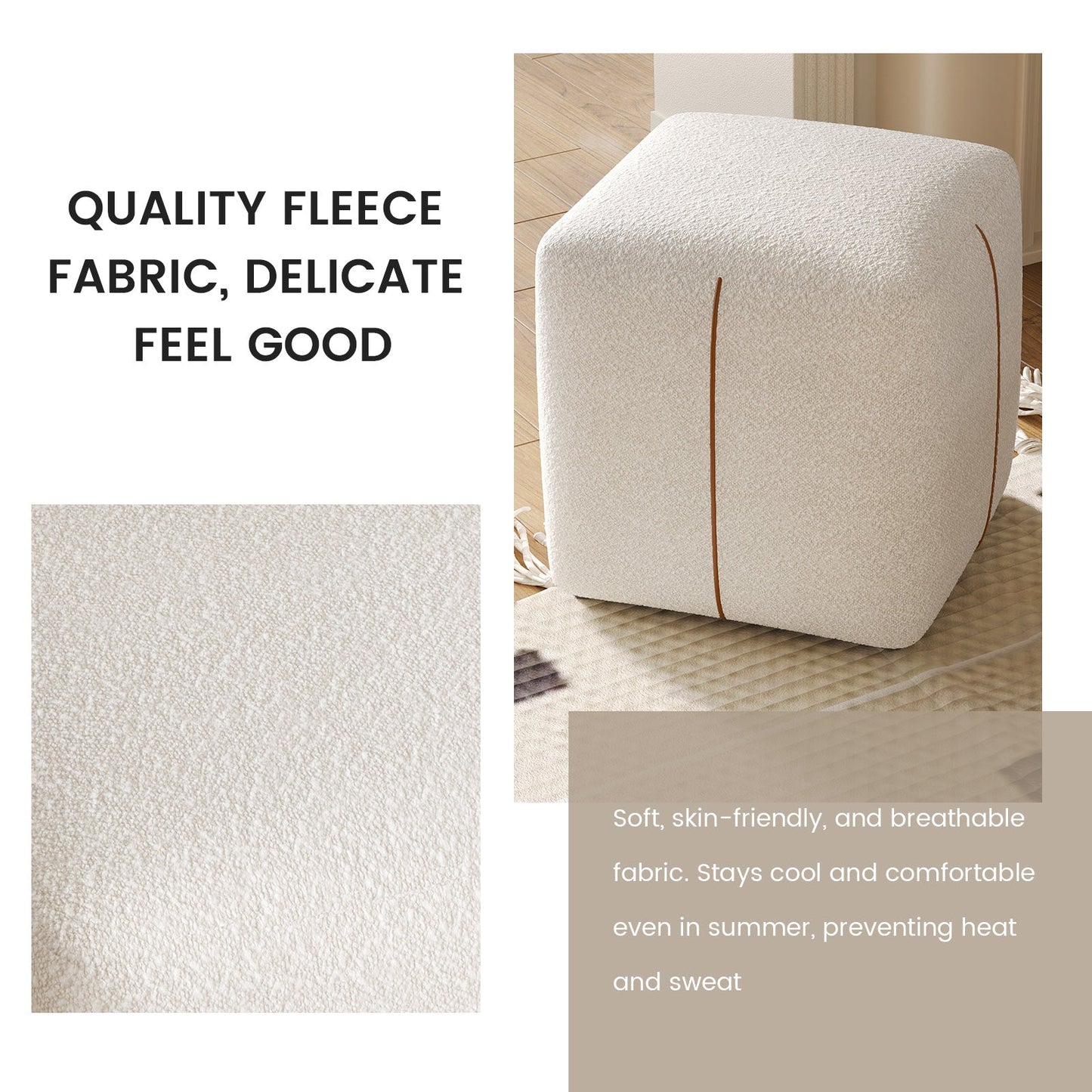 Guyii Beige Square Stool – Modern Upholstered Low Ottoman for Bedroom, Living Room, Entryway