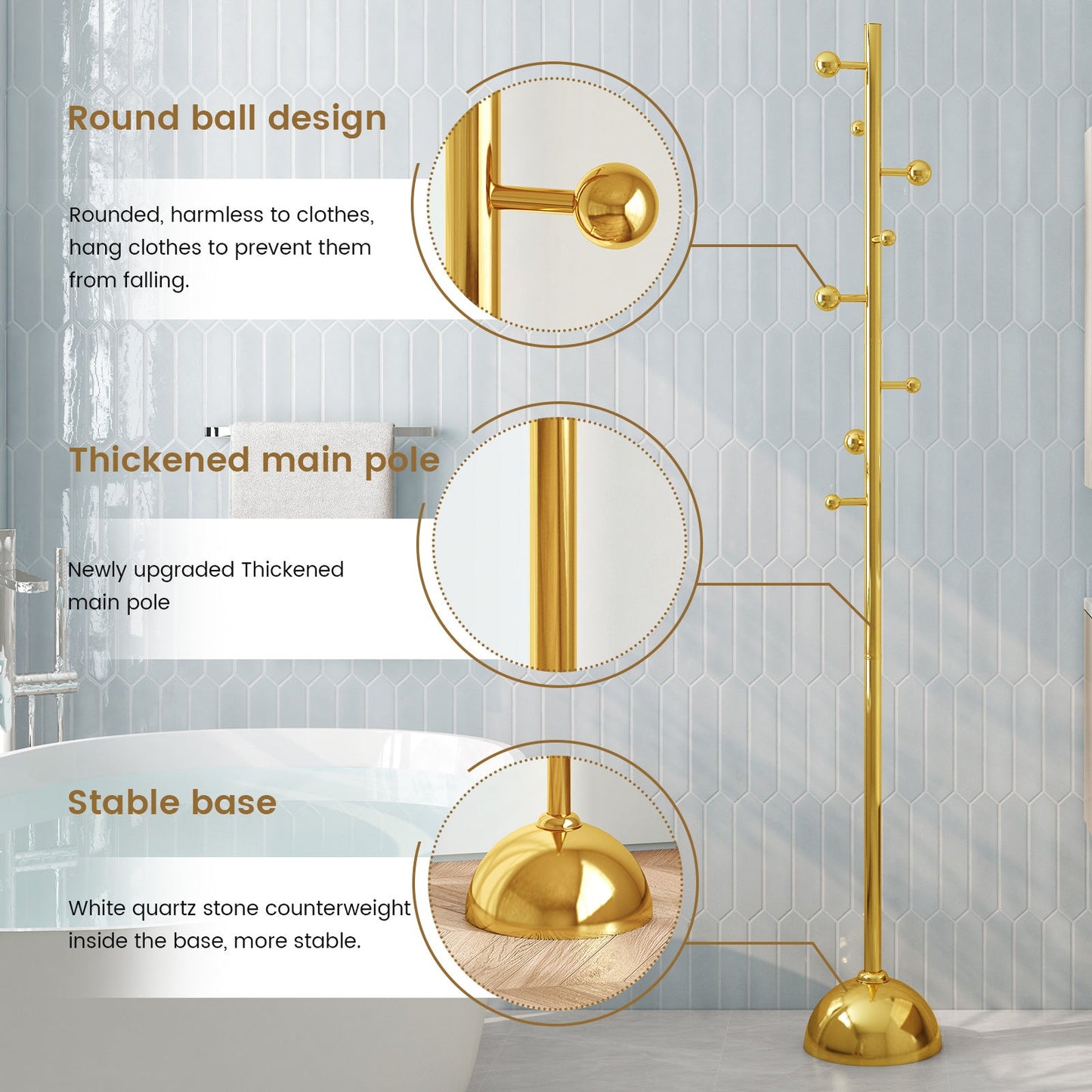 Guyii Gold Metal Coat or Hat Rack Stand Freestanding, with Metal Base