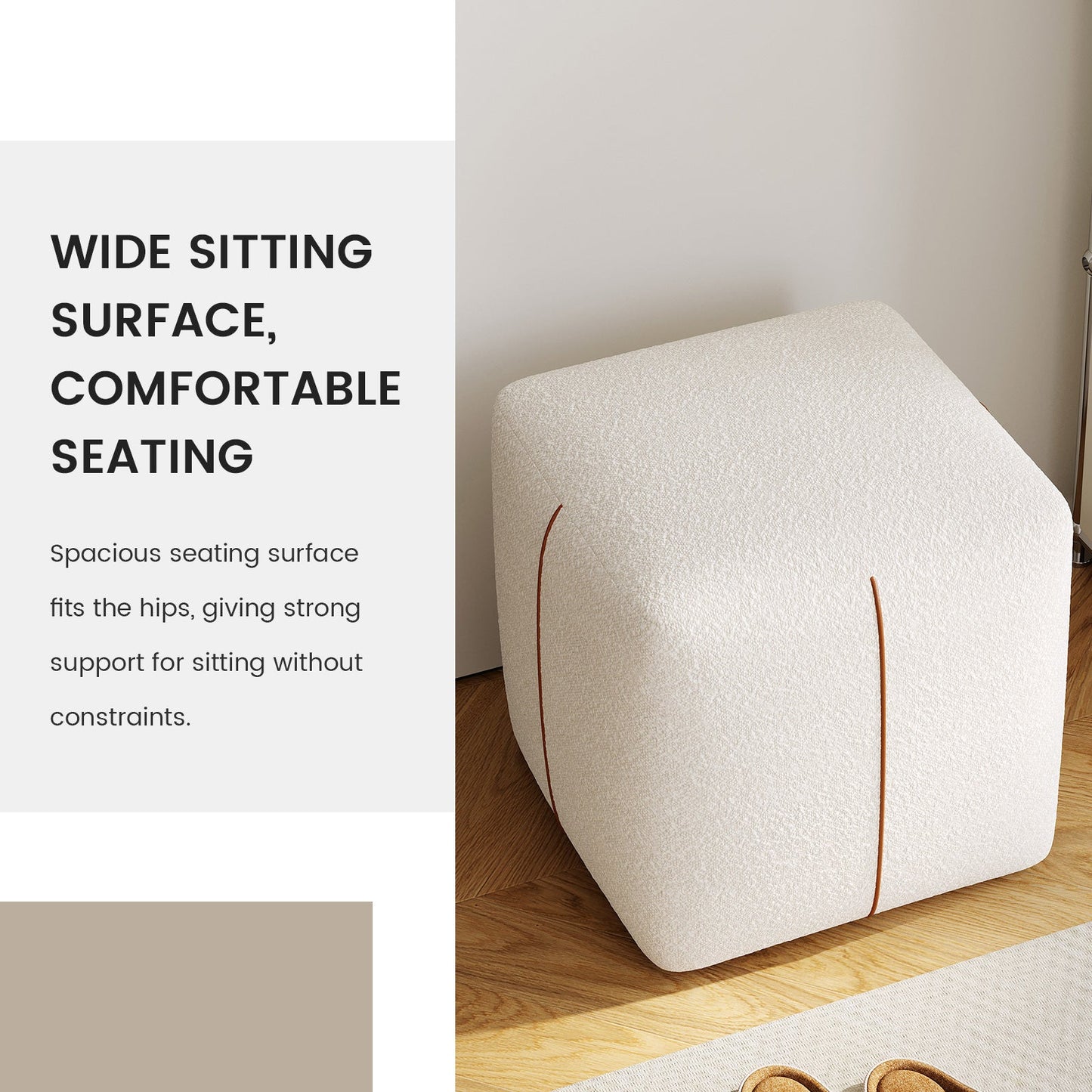 Guyii Beige Square Stool – Modern Upholstered Low Ottoman for Bedroom, Living Room, Entryway