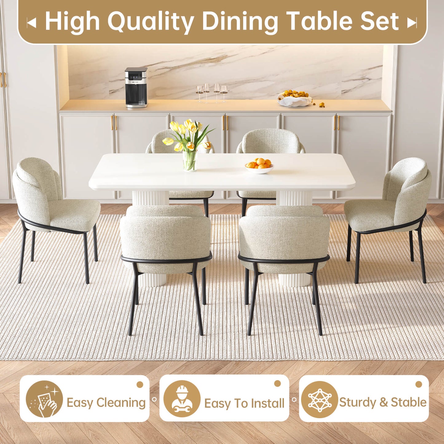 Guyii White Dining Table Set, Modern Rectangular Kitchen Table with 4-8 Chairs