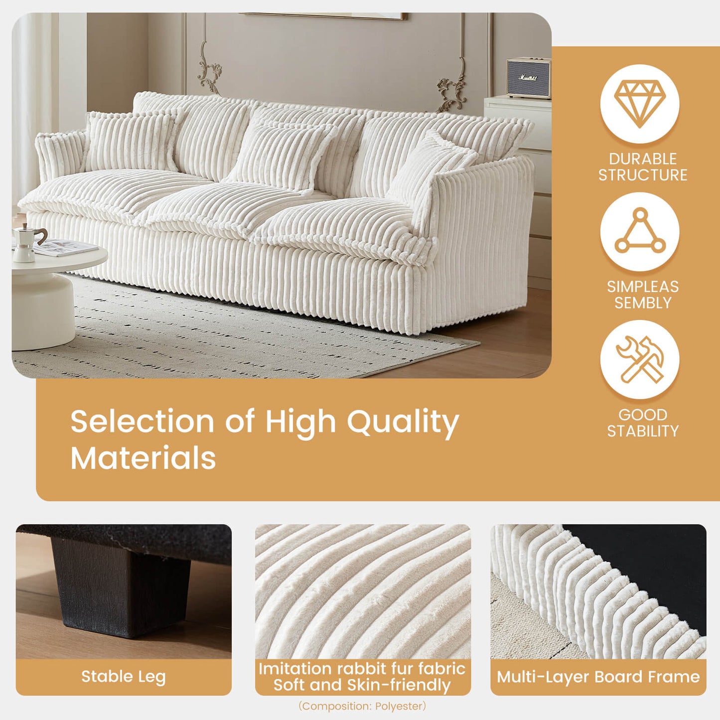 Guyii Oversized 3-Seater Sofa, Extra-Wide Convertible Sofa with 3 Pillows