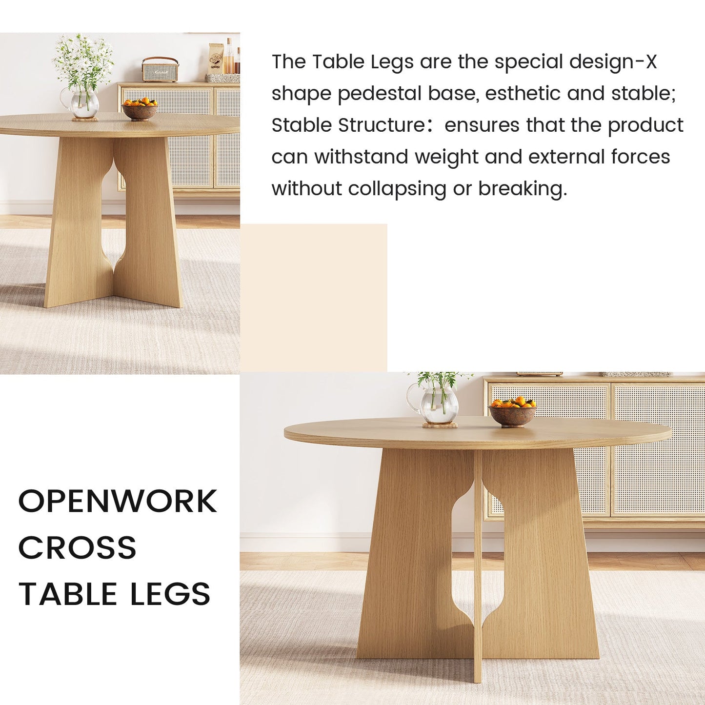 Guyii wood color round dining table for 4 people with X-shaped legs for restaurant breakfast nook