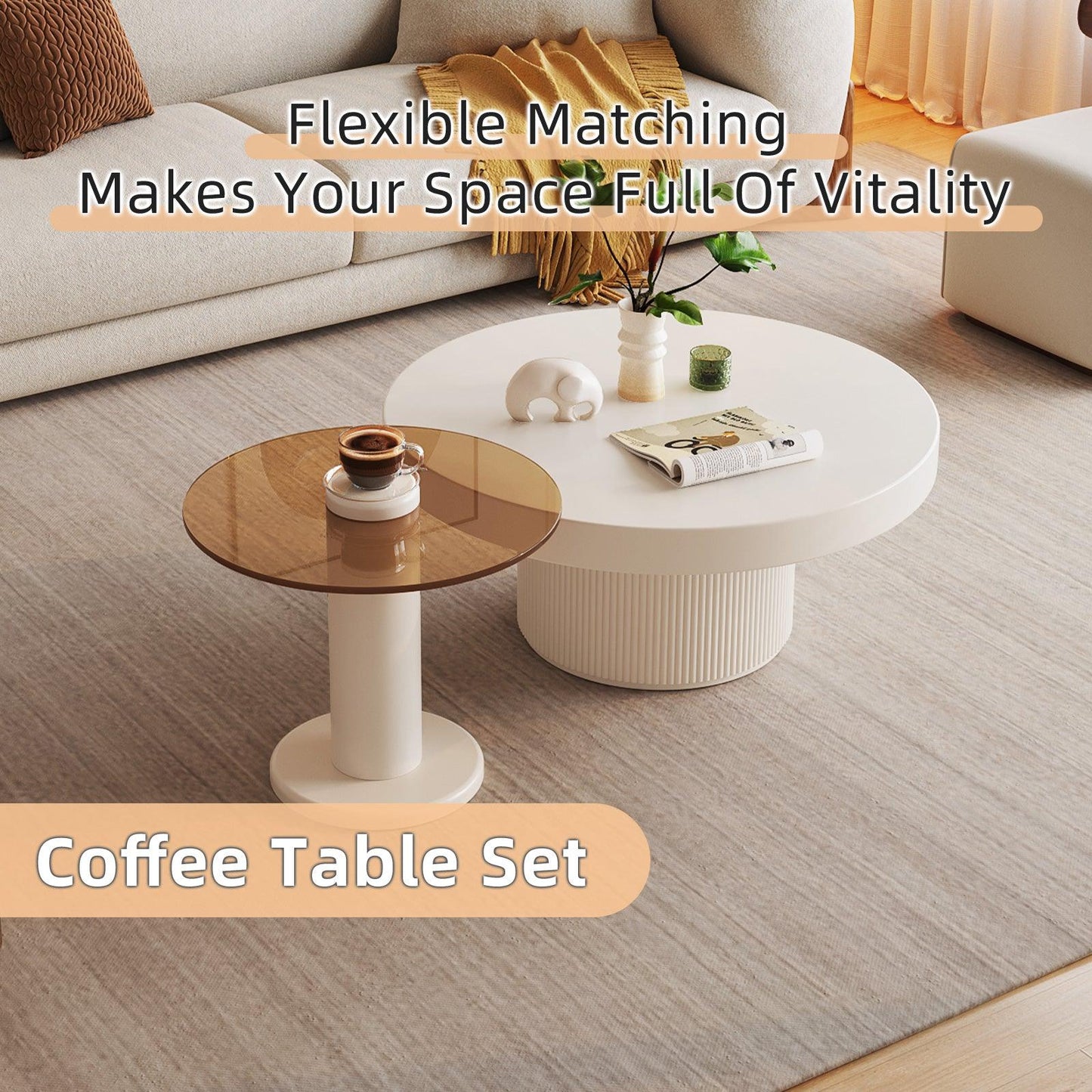 Guyii Round Nested Coffee Table Set, Creamy White & Glass Side Table for Living Room