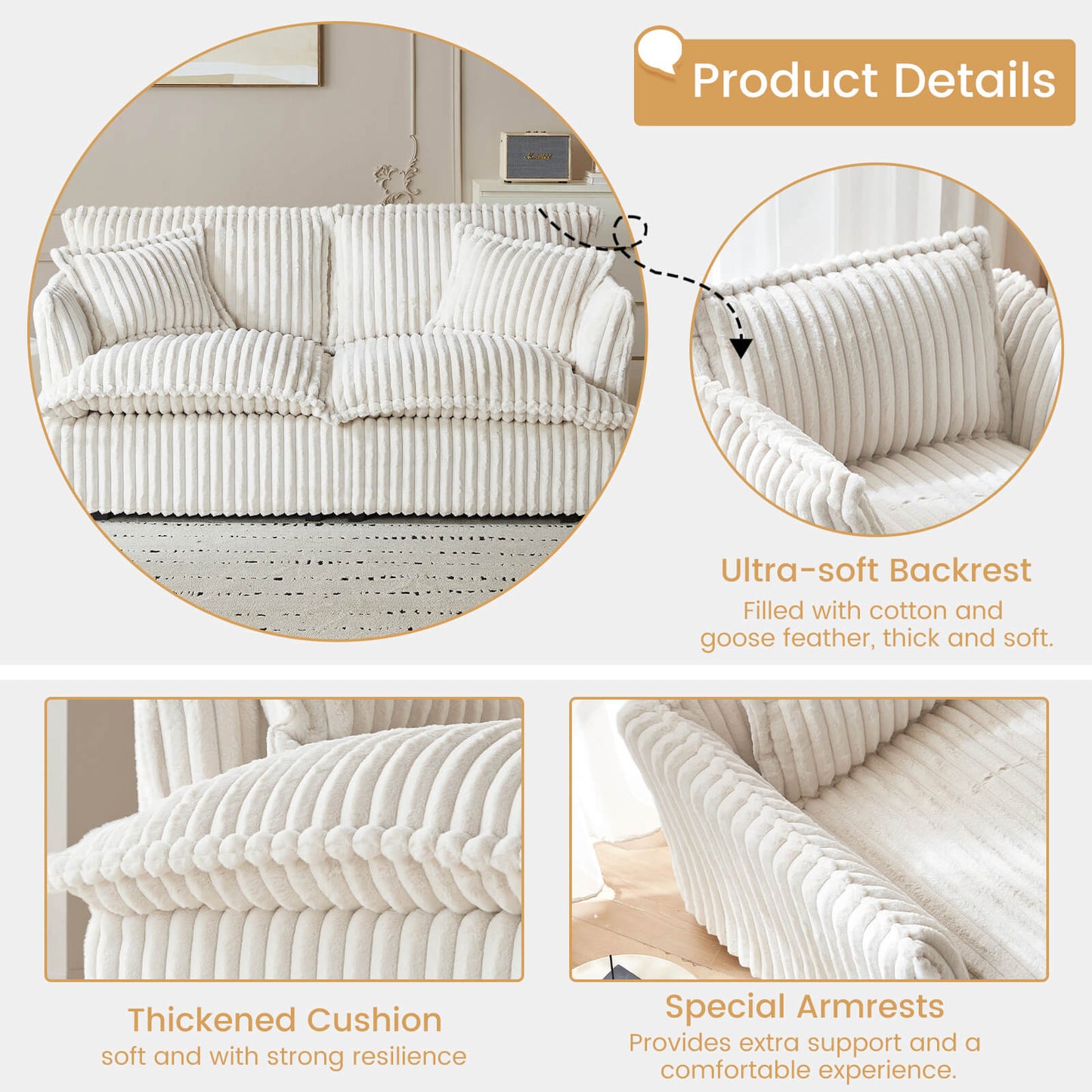 Guyii Oversized Loveseat Sofa with 2 Pillows, Faux Rabbit Fur Fabric Couch