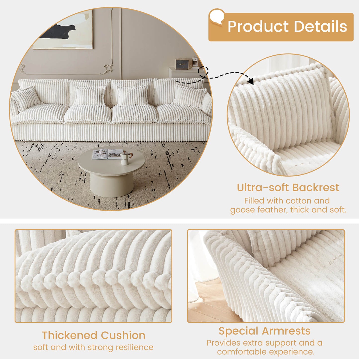 Guyii Oversized 4-Seater Sofa, Extra-Wide Convertible Sofa with 4 Pillows