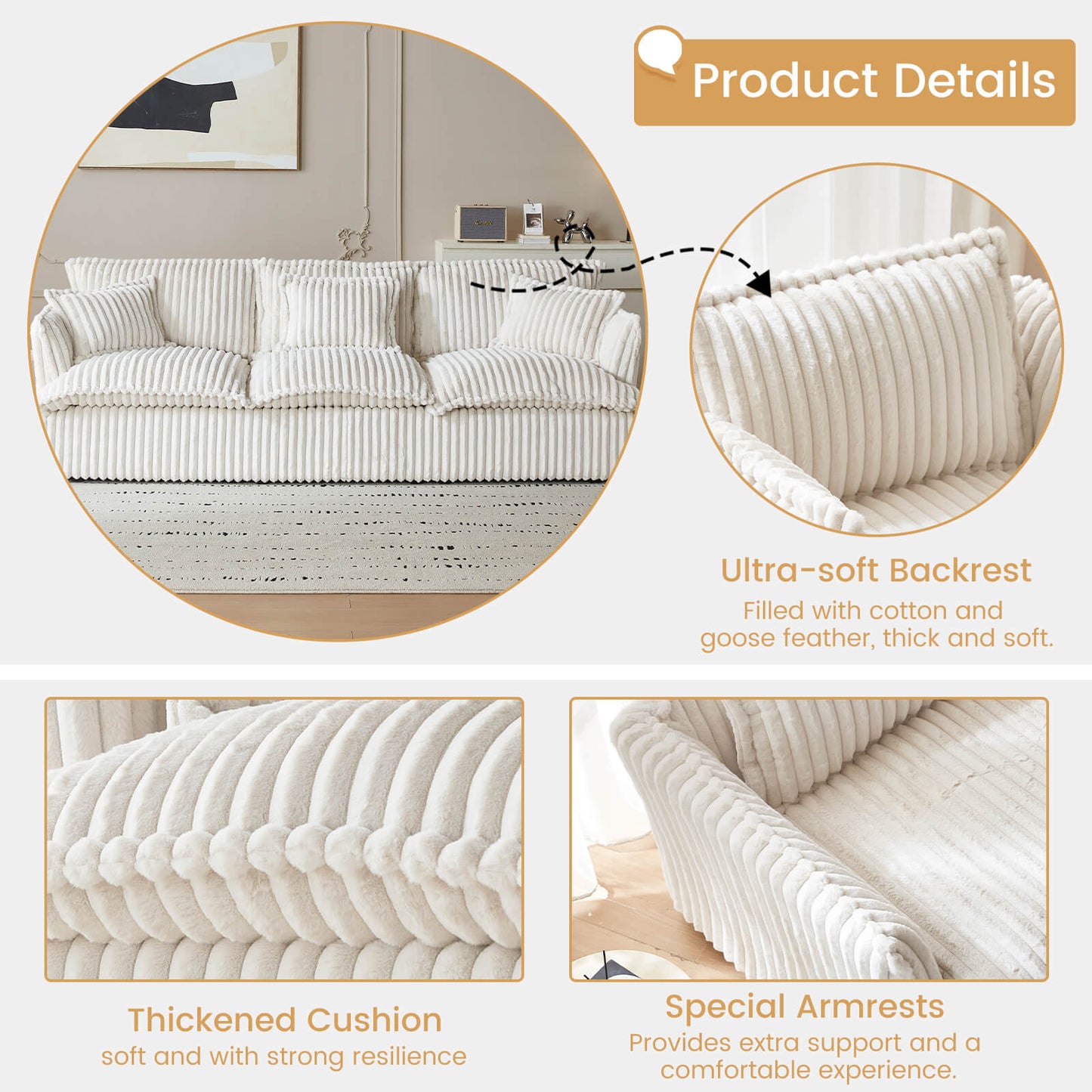 Guyii Oversized 3-Seater Sofa, Extra-Wide Convertible Sofa with 3 Pillows
