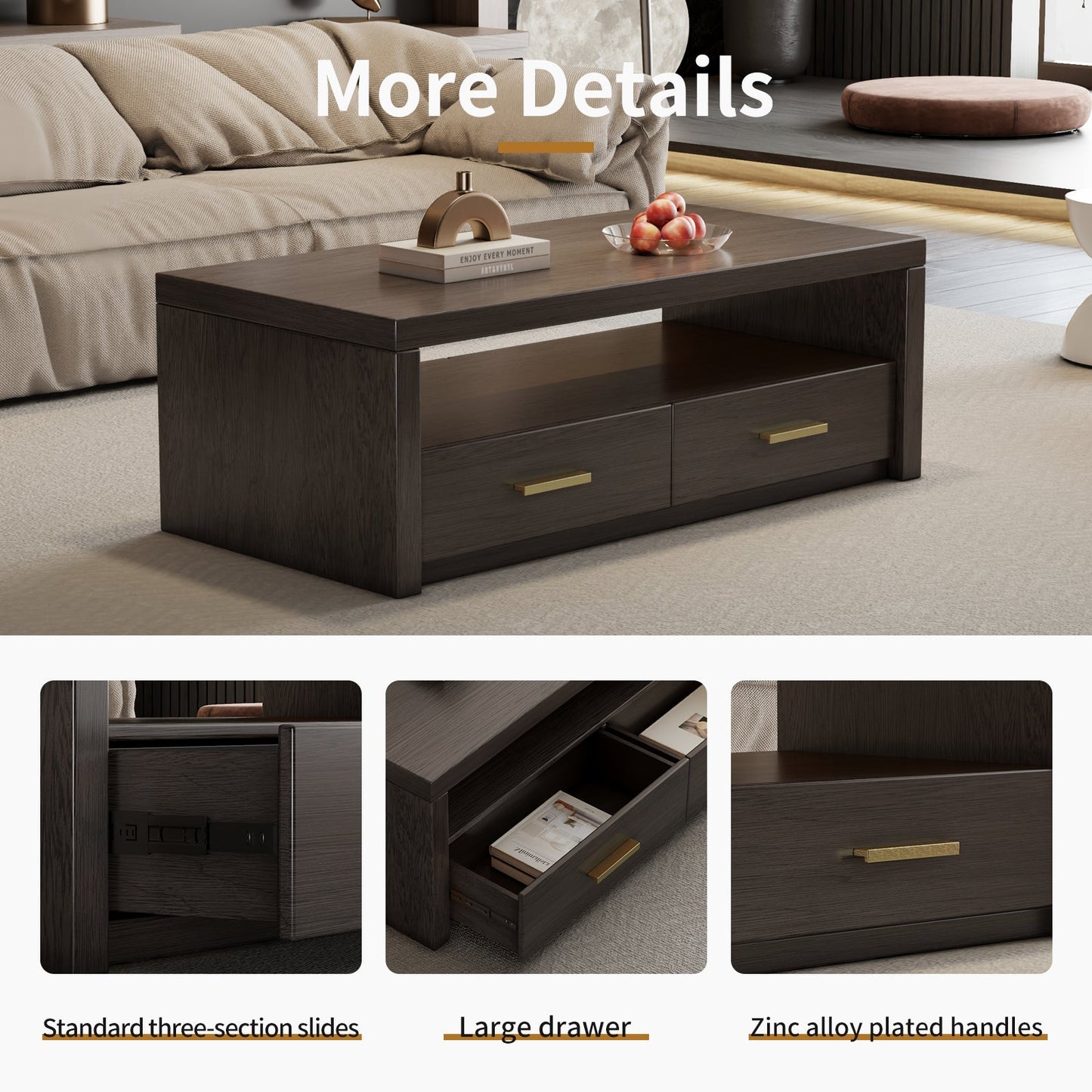 Guyii Walnut Brown Coffee Table with Storage, 47", 2 Drawers & Open Shelf
