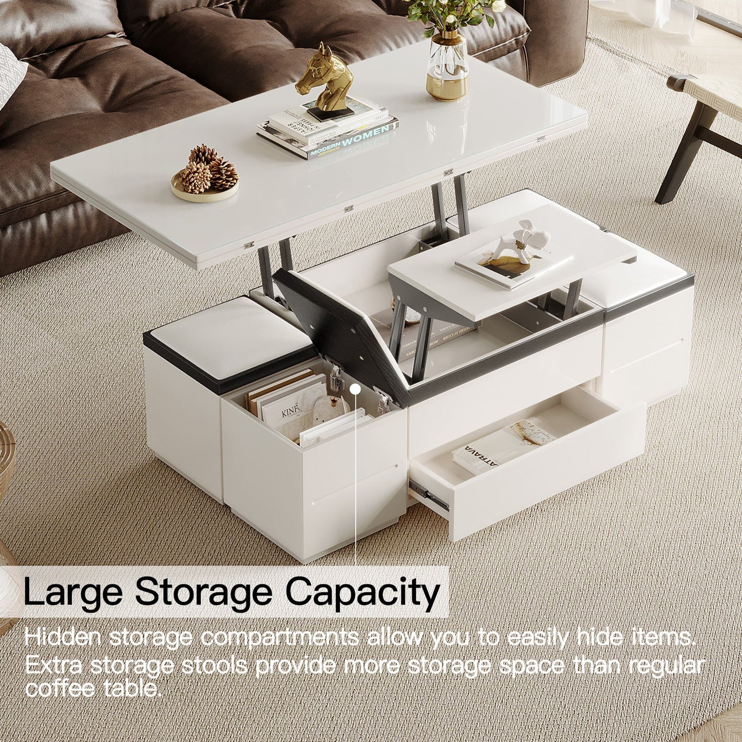 Guyii Extendable Coffee Table with 4 Storage Stools, Multifunctional Lift Top Folding Dining Table for Living Room|G520-UK