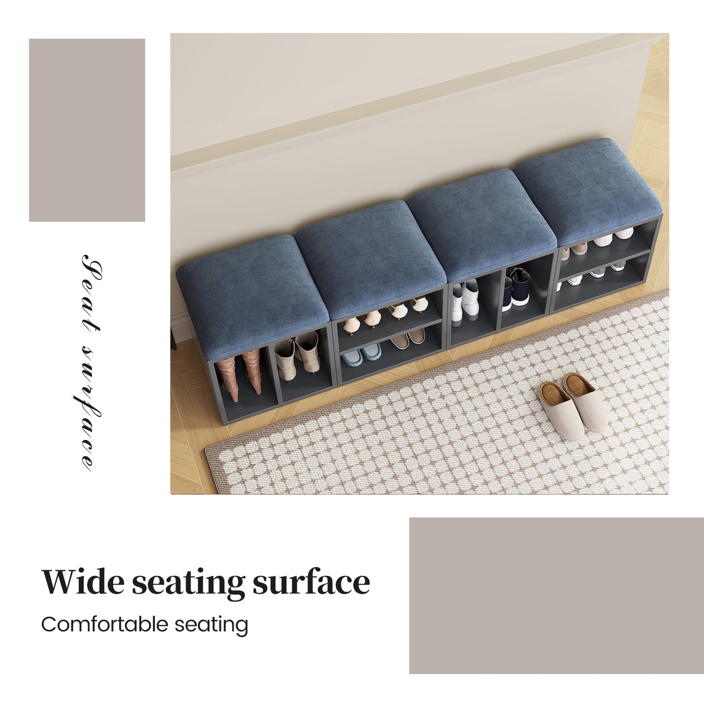 Guyii Velvet Shoe Stool with Padded Seat, Blue Entryway Stools with Storage, Multi-Functional Stool