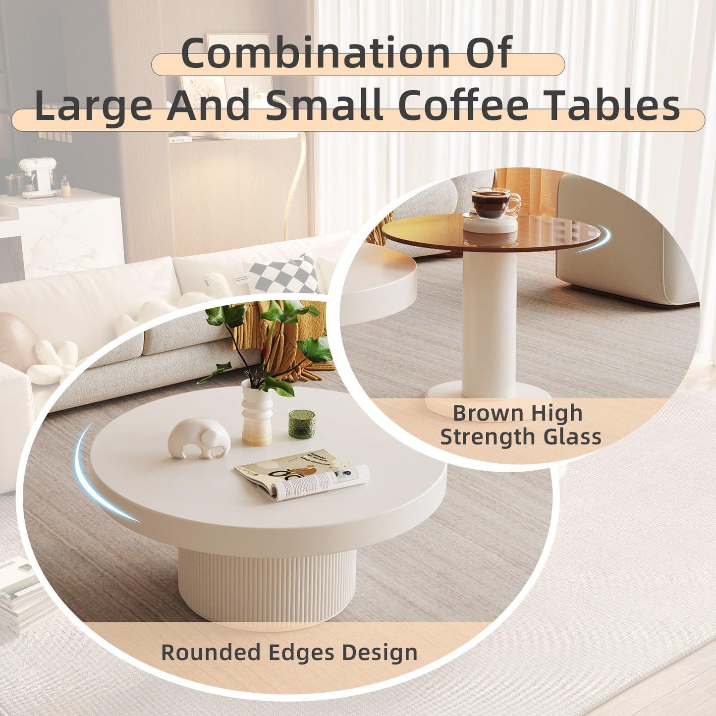 Guyii Round Nested Coffee Table Set, Creamy White & Glass Side Table for Living Room