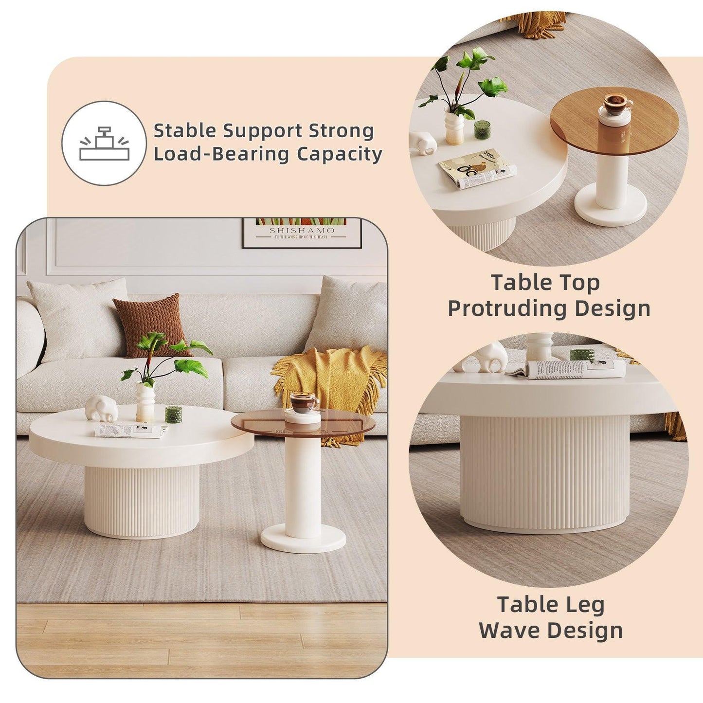 Guyii Round Nested Coffee Table Set, Creamy White & Glass Side Table for Living Room
